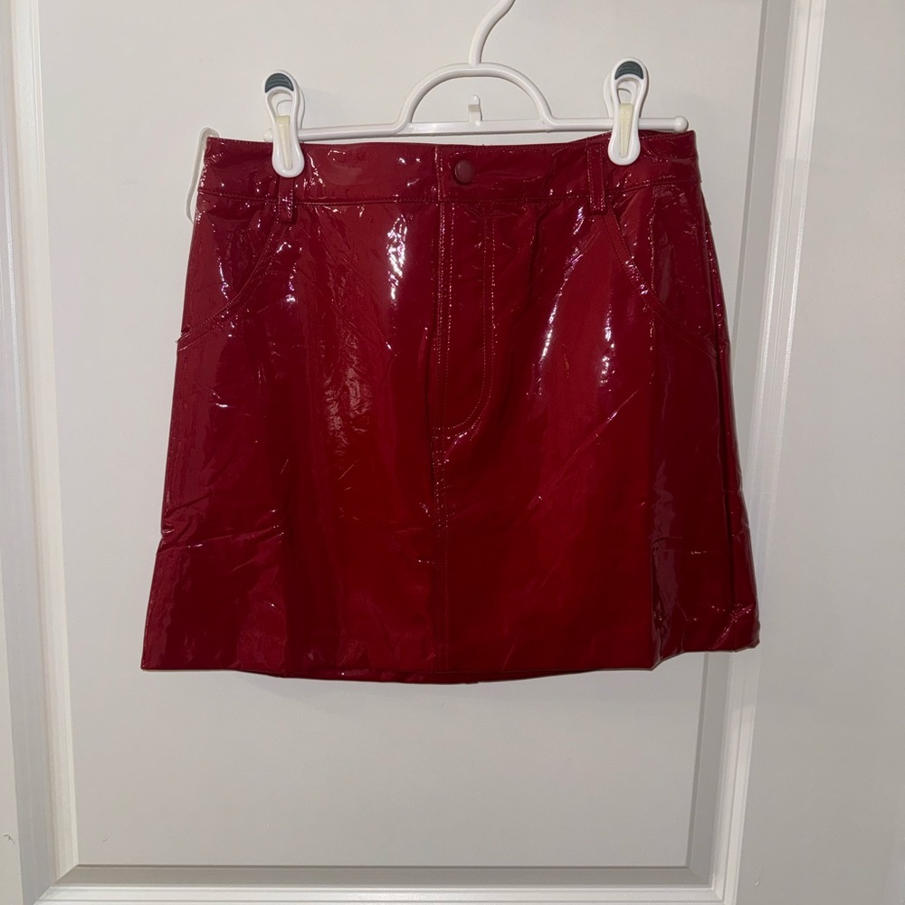 These three boutique wine red patent leather skirt
